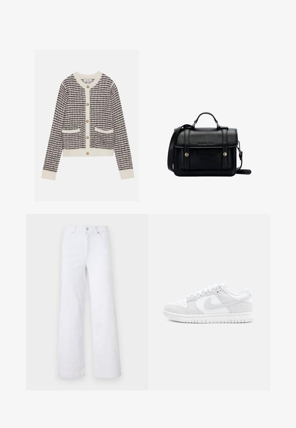 Pleteni kardigan u krem i tamnoplavoj boji s horizontalnim prugama, s okruglim bisernim gumbima i dva prednja džepa. Rebrasti rukavi.; Bijele traperice širokog kroja imaju patentni zatvarač, kopčanje na dugme, dva prednja džepa i čist dizajn bez ukrasa.; Bijele Nike tenisice s mješavinom teksturirane kože i brušene kože, niskog kroja, okruglog vrha i gumene potplate s uzorkom.; Crna kožna torba preko tijela sa strukturiranim dizajnom, gornjom ručkom, podesivim remenom, prednjim poklopcem i metalnim detaljima. Sadrži brendiranje sprijeda.