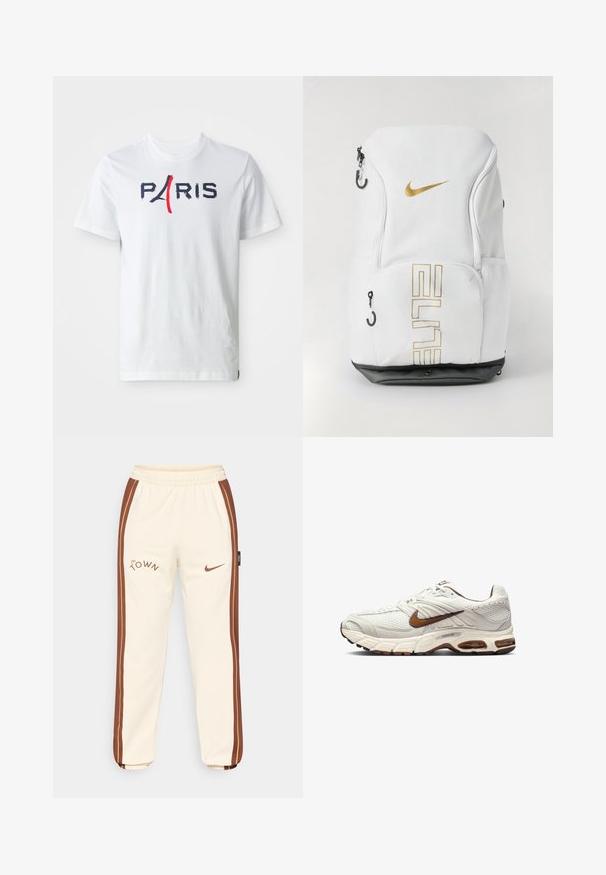 Black hooded sweatshirt features a large gold shamrock design on the front, drawstring hood, and front pocket. Soft, textured fabric.; White cotton t-shirt with a crew neck, featuring "PARIS" in navy and red text, incorporating a stylized Eiffel Tower in the letter 'A'.; Cream joggers with brown side stripes, featuring "The Town" logo and Nike swoosh. Elastic waistband and ribbed cuffs. Soft, smooth material.; Nike sneakers in off-white featuring textured mesh upper, brown accents, and cushioned sole. Lightweight design with rounded toe and lace-up closure.; Nike backpack in white with gold logo and “ELITE” text, zip closures, mesh side pockets, and a black bottom base. Smooth texture.