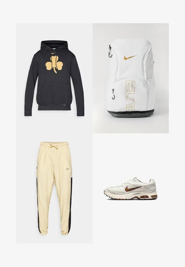 Μαύρη φούτερ με κουκούλα με μεγάλης διάστασης χρυσό σχέδιο τριφύλλι μπροστά, ρυθμιζόμενη κουκούλα και μπροστινή τσέπη. Μαλακό, υφασμάτινο υλικό.; Ανοιχτό κίτρινα αθλητικά παντελόνια με μαύρες πλευρικές λωρίδες, ελαστική μέση και κορδόνι. Περιλαμβάνει ένα μικρό μαύρο λογότυπο στο μπροστινό μέρος.; Nike αθλητικά παπούτσια σε off-white απόχρωση με υφασμάτινη πλέξη, καφέ λεπτομέρειες και μαξιλαρωτή σόλα. Ελαφρύς σχεδιασμός με στρογγυλή μύτη και κούμπωμα με κορδόνια.; Σακίδιο Nike σε λευκό χρώμα με χρυσό λογότυπο και κείμενο "ELITE", κλείσιμο με φερμουάρ, πλέιν τσέπες στις πλευρές και μαύρη βάση. Λείος υφή.
