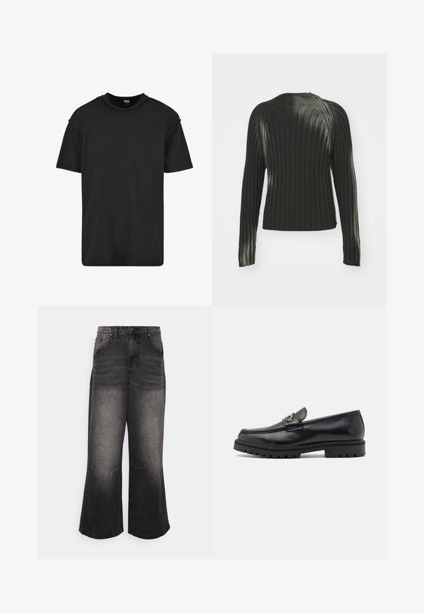 Čierny rebrovaný sveter s dlhými rukávmi, so zaokrúhleným výstrihom a textúrovaným vzorom na celom materiáli. Jednoduchý a priliehavý dizajn.; Čierne tričko s krátkym rukávom vyrobené z bavlny, s okrúhlym výstrihom, vo voľnom strihu a s minimálnymi švovými detailmi na pleciach.; Široké čierne džínsy s vyblednutým povrchom, s vysokým pásom, piatimi vreckami a viditeľnými švami.; Čierne kožené mokasíny s hladkým povrchom, okrúhlou špičkou, dekoratívnym pásikom so zlatým kovovým prvkom a robustnou čiernou podrážkou.