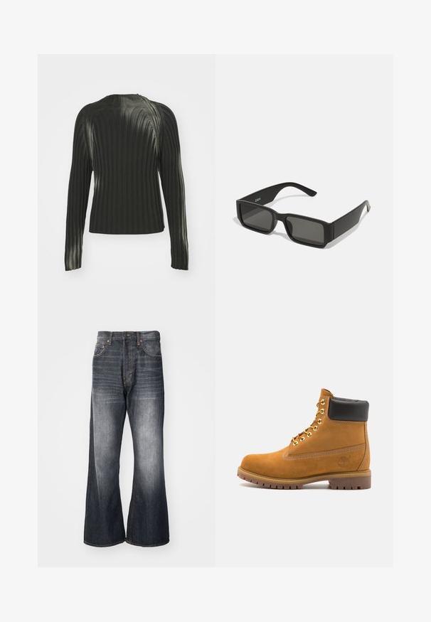 Čierny rebrovaný sveter s dlhými rukávmi, so zaokrúhleným výstrihom a textúrovaným vzorom na celom materiáli. Jednoduchý a priliehavý dizajn.; Weekday TIME LOOSE BOOTCUT - Džínsy s rovným strihom - ash black; Tyrkysové semišové členkové topánky s čiernym polstrovaným golierom, zlatými kovovými očkami, bielym prešívaním a robustnou gumovou podrážkou s výraznými drážkami.; Čierne slnečné okuliare s obdĺžnikovými šošovkami, matný plastový rám a rovné hrany. Obsahujú logo značky na vnútornej strane ramenka.