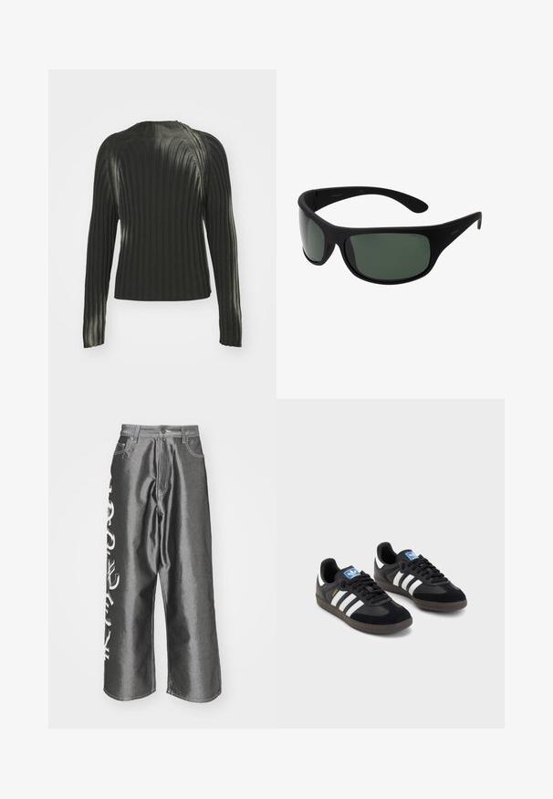 Svart ribbestrikket genser med lange ermer, med en rund halslinje og et teksturert mønster gjennom hele stoffet. En enkel og tettsittende design.; Jaded London CURRENCY SHINY COLOSSUS - Løst sittende jeans - silver; Svarte sneakers med overdel i semsket lær og syntetisk materiale, med tre hvite striper, strukturert gummisåle og blå logoetikett på tungen.; Sorte innpakningssolbriller med mørk grønne linser. Matt finish, buet design, med rette armer og diskret merkevare på siden.