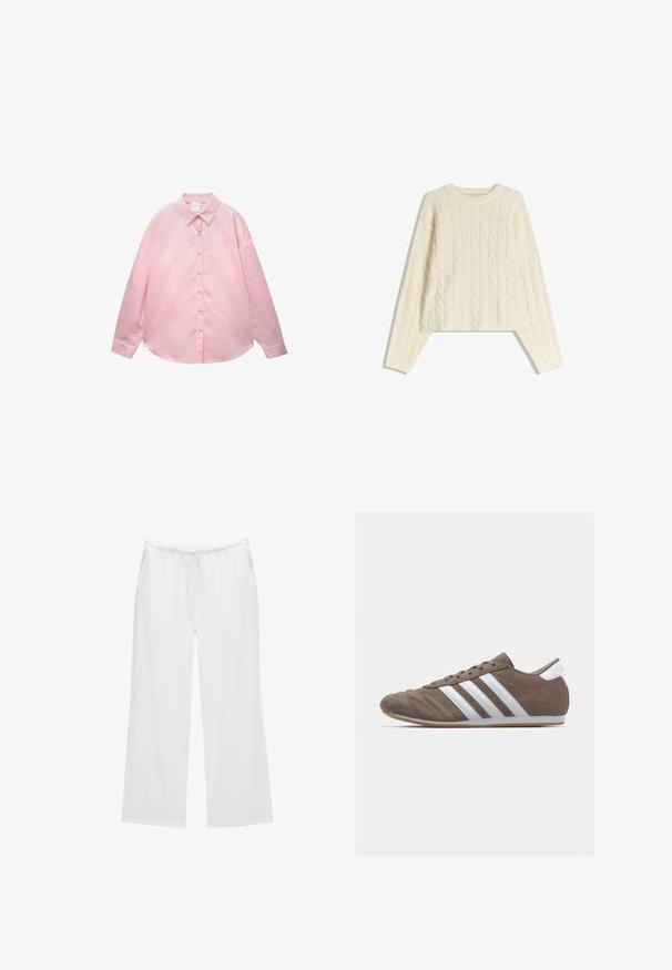 Pulover crem din tricot cu model cablu, cu mâneci lungi și decolteu rotund, expus plat pe un fundal alb.; Cămașă roz deschis cu mânecă lungă, cu nasturi și dungi verticale subțiri albe, întinsă pe un fundal alb.; Pantaloni albi cu picioare largi, confecționați dintr-un material moale, având o talie elastică cu șnur și două buzunare laterale. Design simplu și curat.; Pantof pentru sport din suede maro, cu dungi albe, vârf rotund, design cu șireturi și talpă din cauciuc natural. Suprafață texturată cu detalii de cusătură.