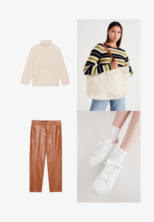 Sudadera de forro polar en color blanco roto, con cuello de media cremallera, mangas largas y un bolsillo frontal con cordón de ajuste. Textura suave.; Pantalones de imitación de cuero marrón con un corte entallado, que presentan pliegues frontales y piernas rectas. Textura suave sin herrajes o acentos visibles.; Las zapatillas de cuero blancas presentan una punta redondeada, suela plana y cordones gruesos. Decoradas con un talón rosa claro y combinadas con calcetines blancos de canalé.; Gran bolsa de lona beige grande con correas de cuero marrón, que presenta un diseño minimalista y costuras visibles como acentos.
