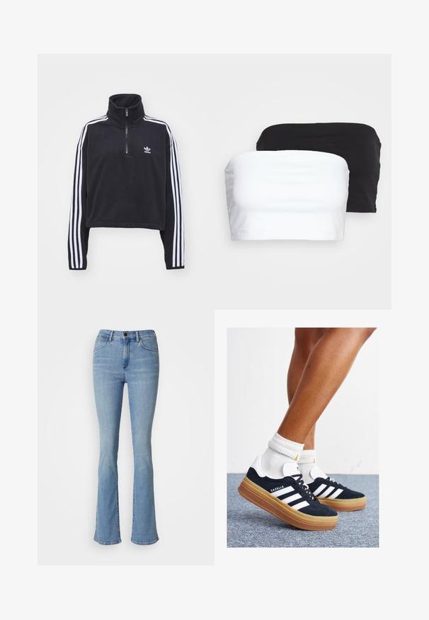adidas Originals HALF ZIP - Pulover din fleece - black; Două topuri scurte fără bretele, unul alb și unul negru, fabricate dintr-un material de bumbac elastic. Textură netedă cu un design simplu și fără cusături vizibile.; Jeans bleumarin deschis, evazați, din denim, cu cinci buzunare, închidere cu nasture și cusături minime pentru un aspect curat.; Adidași negri din piele întoarsă cu dungi și accente albe, vârf rotund, talpă de cauciuc gumă, asortați cu șosete albe cu model nervurat.