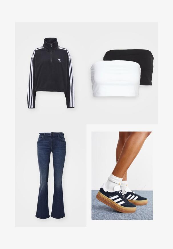 adidas Originals HALF ZIP - Sweat polaire - black; Deux crop tops sans bretelles en noir et blanc, fabriqués en tissu de coton extensible. Texture lisse avec un design simple et sans coutures visibles.; Jean flare bleu foncé en denim, avec une taille ajustée, un design à cinq poches et une légère décoloration pour une texture au niveau des cuisses et des genoux.; Baskets en daim noir avec des rayures et des accents blancs, bout arrondi, semelle extérieure en caoutchouc gomme, associées à des chaussettes blanches côtelées mi-mollet.