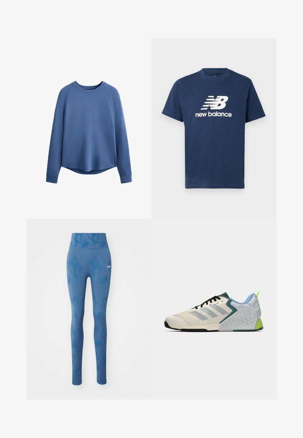 Kék pulóver, kerek dekoltázzsal, hosszú raglánujjakkal és laza illeszkedéssel. Simma textúra, ívelt alsó rész és diszkrét oldalsó panel részletezés.; Sötétkék pamut póló rövid ujjakkal és kerek nyakkivágással. Az elején fehér "NB" logó és "new balance" felirat található.; Kék leggings, textúrált mintával, magas derékkal és diszkrét logóval az oldalon. Kényelmes, rugalmas anyagból készült.; Könnyű sportcipők, krémszínű hálós felsőrésszel, szürke csíkokkal, zöld díszítéssel és strukturált kék sarokpárral. Fekete cipőfűzők.