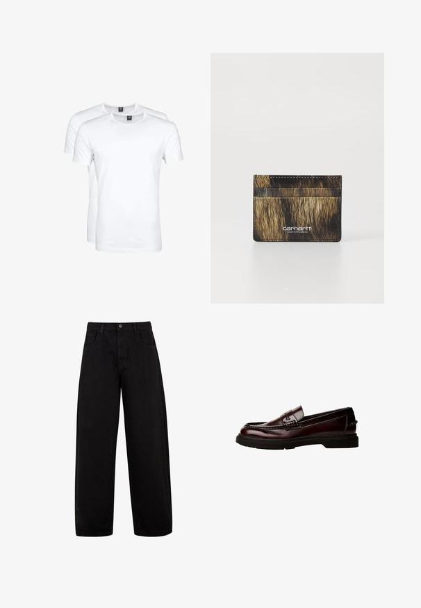 Schwarzer Langarmpullover aus geripptem Stoff, mit Rundhalsausschnitt und einer Knopfleiste vorne mit drei Knöpfen.; Kurze weiße T-Shirts aus Baumwolle mit Rundhalsausschnitt und glatter Textur, präsentiert im Doppelpack.; Schwarze weite Jeans aus Denim, mit Fronttaschen, einem Knopfverschluss und einem klaren, minimalistischen Design ohne sichtbare Muster.; Braune Leder Slipper mit abgerundetem Zeh, detaillierter Steppnaht und Gummisohle. Verfügt über einen dekorativen Riemen und eine glatte Textur.; Kartenhalter aus Kunstfell mit einem braun-schwarzen Muster. Verfügt über vier Kartenfächer und ein eingeprägtes Logo auf der Vorderseite.