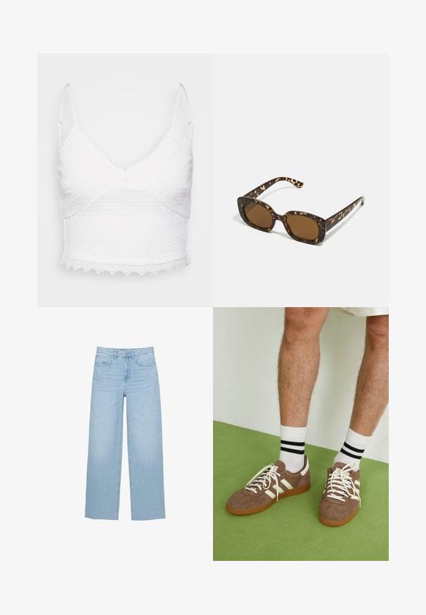 Biely a šedý pruhovaný skrátený sveter s vysokým golierom a predným zipsom. Textúrovaná pletená látka s rebrovaným lemom.; Biely krajkový bralet s nastaviteľnými ramienkami, v-výstrihom a textúrovanými vzormi. Obsahuje vlnkovaný lem a zložité vyšívané detaily.; Svetlomodré široké džínsy vyrobené z denimu, s vysokým pásom, rovný strih a dizajn s piatimi vreckami a čistým lemom.; Hnedé zamatové tenisky s bielymi akcentmi a šnúrkami. Gumová podrážka. Nosené s bielymi ponožkami so čiernymi pruhmi. Zelená textúrovaná podlaha.; Slnečné okuliare v tortoiseshell štýle s okrúhlym, robustným rámom a hnedými šošovkami. Má jemné vzory a rovné, zoštíhlené ramená.