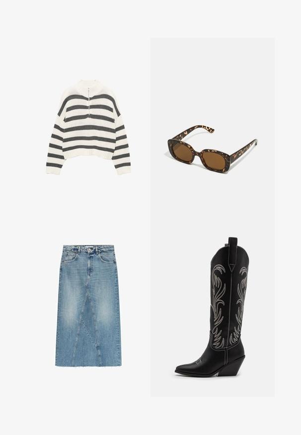 Pulover scurt cu dungi albe și gri, având un gât înalt și un fermoar frontal. Material texturat, tricotat, cu tiv ondulat.; Mango Fustă maxi - blue; Bocanci de cowboy din piele neagră, cu vârfuri ascuțite, toc wedge și modele florale brodate cu fir argintiu de-a lungul tijei. Cusături în contrast pe întreaga suprafață.; Ochelari de soare cu chelă de broască țestoasă, având un cadru rotund și voluminos, cu lentile maro. Prezintă modele subtile și brațe drepte, conice.; Clutch alb cu un design minimalist, realizat din piele netedă, având o curea din lanț argintie și un bar metallic pe față. Formă triangulară.