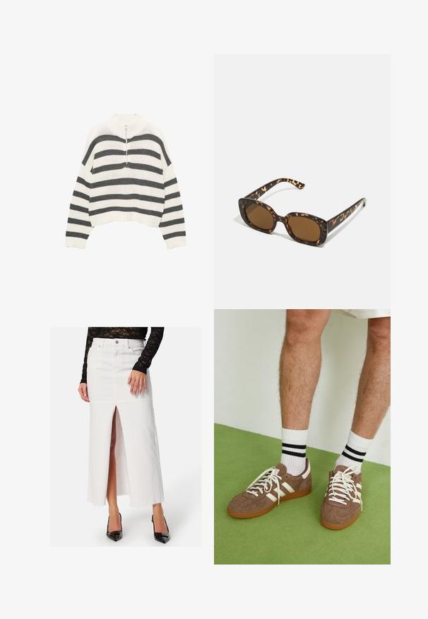 Vit och grå randig kortärmad tröja, med hög hals och dragkedja fram. Texturerad, stickad tyg med ribbad nederkant.; Vit denim maxi-skjorta med sprund fram, hög midja och fransad fåll. Stylad med svarta klackskor med spetsig tå.; Bruna mockaskor med vita detaljer och snören. Gummisula i beige. Bärs med vita strumpor med svarta ränder. Grön strukturerad golvyta.; Sköldpaddsmönstrade solglasögon med en rund, kraftig ram och bruna linser. Har subtila mönster och raka, avsmalnande skalmar.; Zign LEATHER - Shoppingväska - light brown