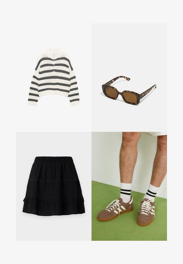 Fehér és szürke csíkos, cropped pulóver, magas nyakkal és elöl cipzárral. Texturált, kötött anyag, bordás szegéllyel.; Fekete pamut szoknya, réteges fodrokkal, elasztikus derékkal és ellentétes varrással, valamint csipke sávokkal díszítve.; Barna velúr sportcipő fehér díszítéssel és fűzővel. Gumi talp. Fehér zoknival viselve, fekete csíkokkal. Zöld, textúrázott padló.; Teknősbéka mintázatú napszemüveg kerek, vastag kerettel és barna lencsékkel. Finom mintázattal és egyenes, keskenyedő szárakkal rendelkezik.; Zign LEATHER - Bevásárlótáska - light brown