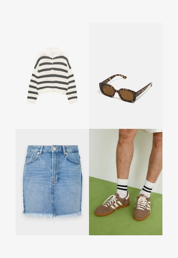 Pulover scurt cu dungi albe și gri, având un gât înalt și un fermoar frontal. Material texturat, tricotat, cu tiv ondulat.; Fustă din denim albastru cu un design ajustat, tiv brut și buzunare frontale clasice. Textură netedă cu o ușoară decolorare pentru un aspect casual.; Adidași maro din suede cu accente și șireturi albe. Talpă din cauciuc de culoare caramel. Purtați cu șosete albe cu dungi negre. Pardoseală verde texturată.; Ochelari de soare cu chelă de broască țestoasă, având un cadru rotund și voluminos, cu lentile maro. Prezintă modele subtile și brațe drepte, conice.; Zign LEATHER - Geantă de pânză - light brown