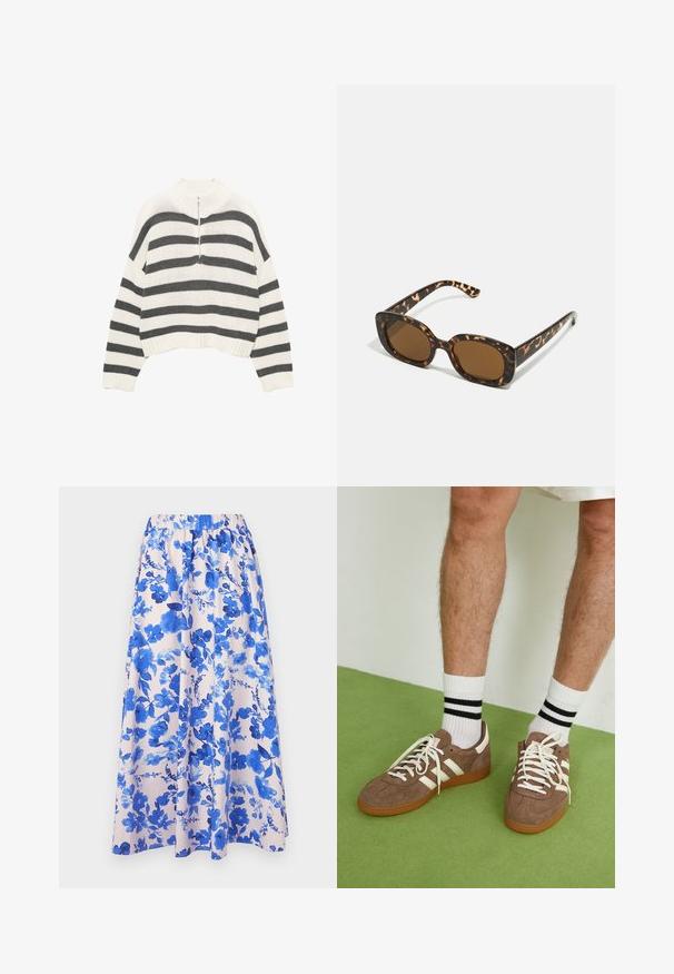 Fehér és szürke csíkos, cropped pulóver, magas nyakkal és elöl cipzárral. Texturált, kötött anyag, bordás szegéllyel.; Virágmintás maxi szoknya rózsaszín háttérrel, kék, akvarell stílusú virágmintákkal; elasztikus derékbőség; laza anyag.; Barna velúr sportcipő fehér díszítéssel és fűzővel. Gumi talp. Fehér zoknival viselve, fekete csíkokkal. Zöld, textúrázott padló.; Teknősbéka mintázatú napszemüveg kerek, vastag kerettel és barna lencsékkel. Finom mintázattal és egyenes, keskenyedő szárakkal rendelkezik.; Zign LEATHER - Bevásárlótáska - light brown