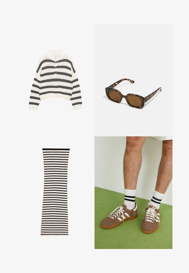 Vit och grå randig kortärmad tröja, med hög hals och dragkedja fram. Texturerad, stickad tyg med ribbad nederkant.; Randig klänning i svart och vitt med ribbat mönster och figursydd passform, som har horisontella ränder och en solid svart halsringning.; Bruna mockaskor med vita detaljer och snören. Gummisula i beige. Bärs med vita strumpor med svarta ränder. Grön strukturerad golvyta.; Sköldpaddsmönstrade solglasögon med en rund, kraftig ram och bruna linser. Har subtila mönster och raka, avsmalnande skalmar.; Zign LEATHER - Shoppingväska - light brown
