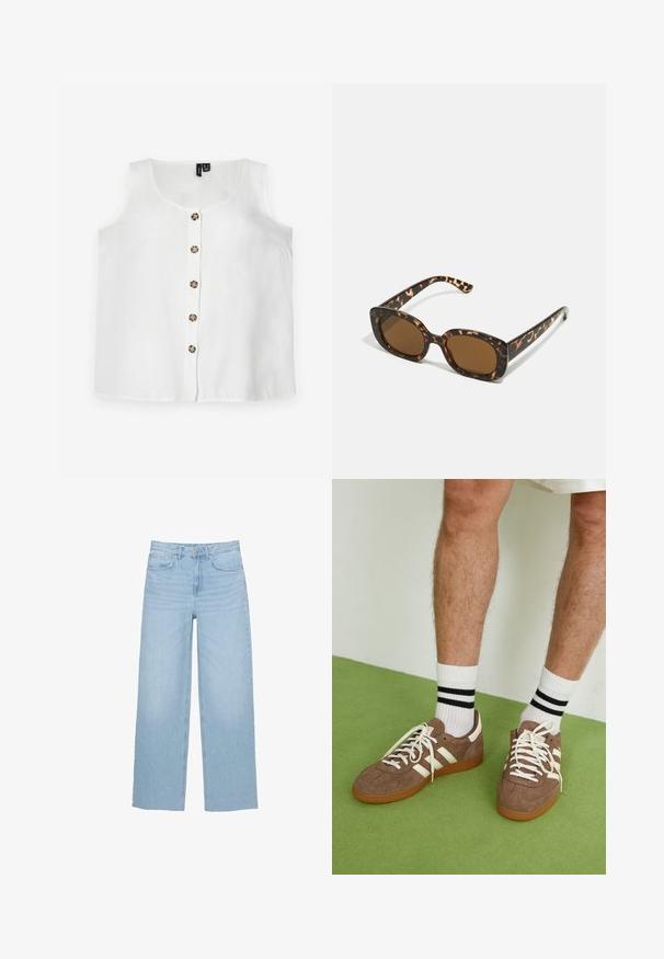 Hvid- og gråstribet cropped sweater med høj hals og lynlås foran. Struktureret, strikket stof med ribbet kant.; Hvid ærmeløs top lavet af letvægtsstof, med rund halsudskæring og en frontlukning med seks runde, brune knapper.; Lysblå brede jeans lavet af denim, med høj talje, lige snit og fem-lomme design med en ren kant.; Brune ruskind sneakers med hvide detaljer og snørebånd. Gummisål i naturgummi. Båret med hvide sokker med sorte striber. Grøn struktureret gulv.; Skildpadde-solbriller med en rund, kraftig ramme og brune linser. Har subtile mønstre og lige, afsmalnende stænger.; Zign LEATHER - Shopping bags - light brown