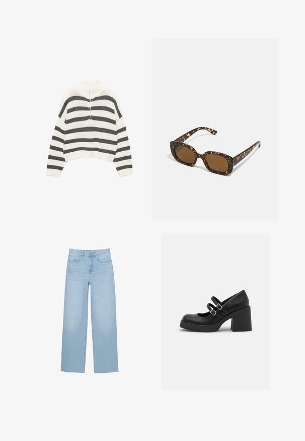 Pull court à rayures blanches et grises, avec un col haut et une fermeture éclair à l'avant. Tissu tricoté texturé avec un ourlet côtelé.; Jean large bleu clair en denim, avec une taille haute, coupe droite et un design à cinq poches avec un ourlet net.; Call it Spring MONROE - Escarpins à plateforme - black smooth; Lunettes de soleil en écaille de tortue avec une monture ronde et épaisse et des verres marron. Présente des motifs subtils et des branches droites et effilées.; Zign LEATHER - Cabas - light brown