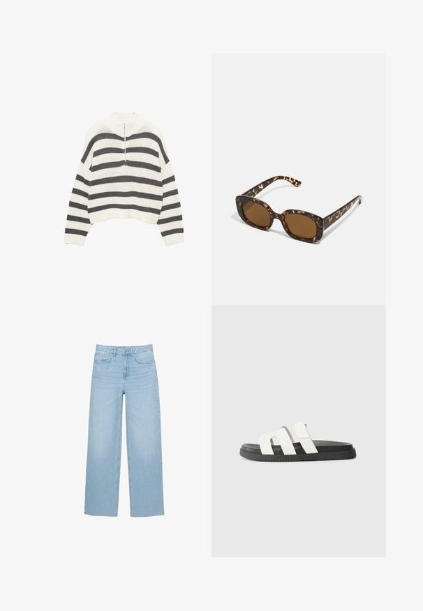 Cropped pulover s bijelim i sivim prugama, s visokim vratom i prednjim zipom. Teksturirana, pletena tkanina sa rebrastim rubom.; Svijetloplave traperice širokih nogavica, visokog struka, ravnog kroja, s pet džepova i čistem rubom.; Bijele ljetne sandale s dva široka remena, crna gumena potplat, minimalistički dizajn i glatka tekstura. Pogodne za ležerno nošenje.; Tortoiseshell naočale s okvirima u obliku kruga i debelom konstrukcijom, te smešnim lećama. Imaju suptilne uzorke i ravne, sužene nogice.; Zign LEATHER - Velika torba - light brown