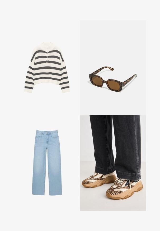 Wit en grijs gestreepte cropped sweater, met een hoge nek en een rits aan de voorkant. Gestructureerde, gebreide stof met een geribbelde zoom.; Lichtblauwe wijde jeans van denim, met een hoge taille, rechte snit en vijf-pocket ontwerp, afgewerkt met een nette zoom.; Luipaardprint sneakers met mesh- en leren panelen, tan rubberen buitenzool en contrasterende zwarte accenten. Gedragen met loszittende donkere spijkerbroeken.; Tortoiseshell zonnebril met een ronde, stevige montuur en bruine lenzen. Heeft subtiele patronen en rechte, taps toelopende veren.; Zign LEATHER - Shopper - light brown
