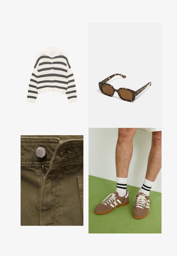 Wit en grijs gestreepte cropped sweater, met een hoge nek en een rits aan de voorkant. Gestructureerde, gebreide stof met een geribbelde zoom.; Olijfgroen katoenen stof met een zichtbare rits en metalen knoopdetail; heeft stiksels en een zijzak.; Bruine suède sneakers met witte accenten en veters. Rubberen gumzool. Draag met witte sokken met zwarte strepen. Groene gestructureerde vloer.; Tortoiseshell zonnebril met een ronde, stevige montuur en bruine lenzen. Heeft subtiele patronen en rechte, taps toelopende veren.; Zign LEATHER - Shopper - light brown