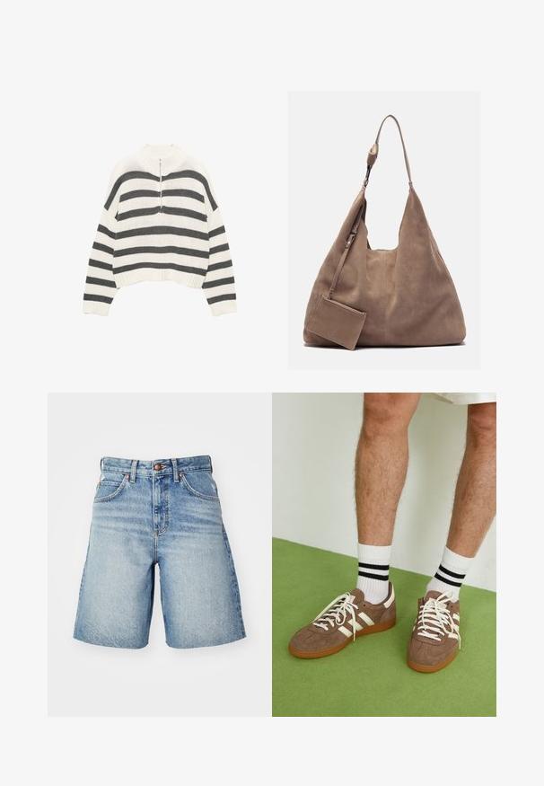 Cropped pulover s bijelim i sivim prugama, s visokim vratom i prednjim zipom. Teksturirana, pletena tkanina sa rebrastim rubom.; Traper šortsevi svijetloplave boje s visokim strukom, s kopčanjem na gumb, pet džepova i blago izbljeđeni za look od nošenja.; Smeđe nubuk tenisice s bijelim detaljima i vezicama. Gumeni potplat. Nosene s bijelim čarapama s crnim prugama. Zeleno teksturirano pod.; Zign LEATHER - Velika torba - light brown