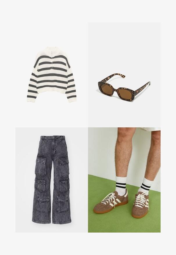 Gestreifter, weißer und grauer, verkürzter Pullover mit hohem Kragen und einem Frontreißverschluss. Texturiertes, gestricktes Material mit geripptem Saum.; Alpha Industries MULTIPOCKET PANT - Cargohose - black; Braune Wildleder-Sneaker mit weißen Akzenten und Schnürsenkeln. Gummisohle in Kautschuk-Optik. Getragen mit weißen Socken, die schwarze Streifen haben. Grüner strukturierter Fußboden.; Schildpatt-Sonnenbrille mit einem runden, klobigen Rahmen und braunen Gläsern. Verfügt über dezente Muster und gerade, zulaufende Bügel.; Zign LEATHER - Shopping Bag - light brown