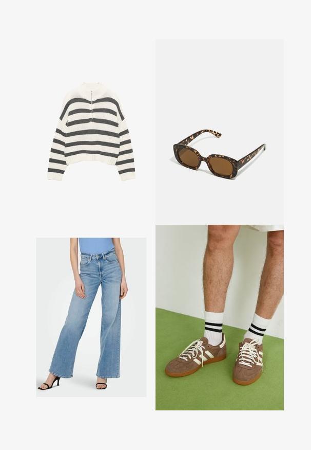 Bela in siva črtasta skrajšana jopica, ki ima visok ovratnik in sprednji zadrgo. Teksturna, pletena tkanina z rebrastim robom.; Svetlo modri denim široki hlače z visokim pasom, z vidnim šivanjem in klasičnim pet-žepnim dizajnom. V kombinaciji z črnimi sandali s trakovi.; Rjavi semiš športni čevlji z belimi detajli in vezalkami. Gumijast podplat. Nošeni z belimi nogavicami z črnimi črtami. Zelena teksturirana talna obloga.; Sončna očala iz kornjačine s poudarjenim, okroglim okvirjem in rjavimi lečami. Imajo subtilne vzorce in ravne, zožene ročke.; Zign LEATHER - Torba za nakupovanje - light brown