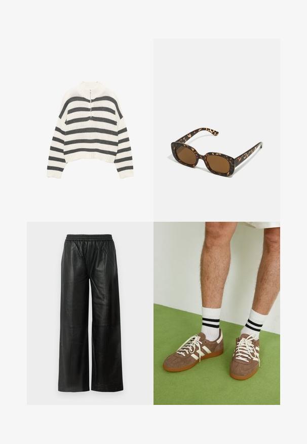 Cropped pulover s bijelim i sivim prugama, s visokim vratom i prednjim zipom. Teksturirana, pletena tkanina sa rebrastim rubom.; Crne kožne široke hlače s elastičnom gumom oko struka, s glatkom teksturom i minimalnim detaljima šavova.; Smeđe nubuk tenisice s bijelim detaljima i vezicama. Gumeni potplat. Nosene s bijelim čarapama s crnim prugama. Zeleno teksturirano pod.; Tortoiseshell naočale s okvirima u obliku kruga i debelom konstrukcijom, te smešnim lećama. Imaju suptilne uzorke i ravne, sužene nogice.; Zign LEATHER - Velika torba - light brown