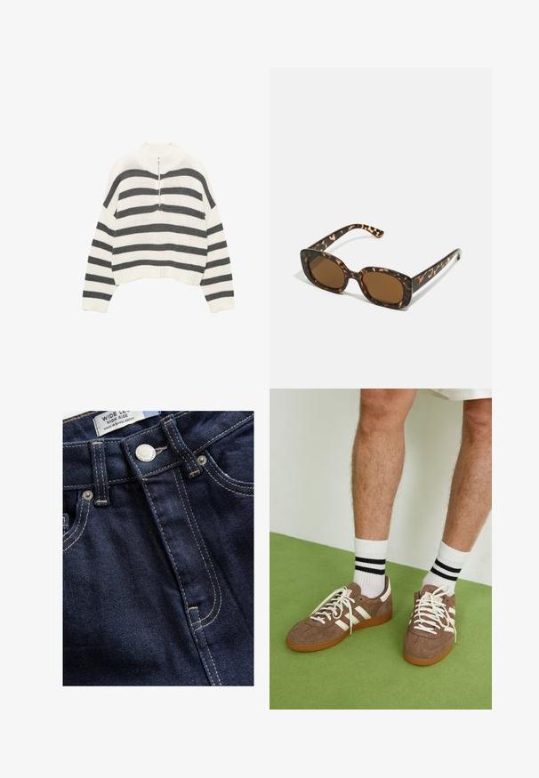 Vit och grå randig kortärmad tröja, med hög hals och dragkedja fram. Texturerad, stickad tyg med ribbad nederkant.; Next WIDE - Wide leg - rinse; Bruna mockaskor med vita detaljer och snören. Gummisula i beige. Bärs med vita strumpor med svarta ränder. Grön strukturerad golvyta.; Sköldpaddsmönstrade solglasögon med en rund, kraftig ram och bruna linser. Har subtila mönster och raka, avsmalnande skalmar.; Zign LEATHER - Shoppingväska - light brown