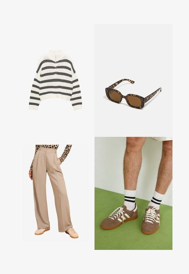 Bílý a šedý pruhovaný krátký svetr s vysokým límcem a předním zipem. Texturovaná pletenina s žebrovaným lemem.; Beige široké kalhoty s puky, obsahující kapsy a hladkou texturu. Spárováno s béžovými teniskami a topem s leopardím potiskem.; Hnědé semišové tenisky s bílými akcenty a tkaničkami. Gumová podrážka. Nošeny s bílými ponožkami s černými pruhy. Zelená strukturovaná podlaha.; Sluneční brýle ve skořápce želvy s kulatým, širokým rámem a hnědými čočkami. Mají jemné vzory a rovné, zúžené stranice.; Zign LEATHER - Velká kabelka - light brown