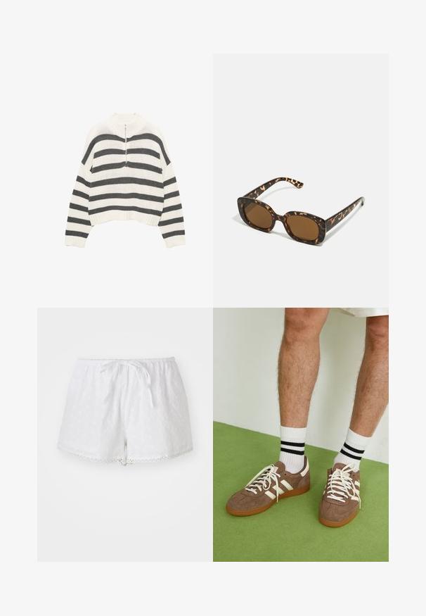 Bela in siva črtasta skrajšana jopica, ki ima visok ovratnik in sprednji zadrgo. Teksturna, pletena tkanina z rebrastim robom.; Beli bombažni šorts z elastičnim pasom in zanko za zategovanje. Vsebuje izvezeno oko in čipkast rob na koncu.; Rjavi semiš športni čevlji z belimi detajli in vezalkami. Gumijast podplat. Nošeni z belimi nogavicami z črnimi črtami. Zelena teksturirana talna obloga.; Sončna očala iz kornjačine s poudarjenim, okroglim okvirjem in rjavimi lečami. Imajo subtilne vzorce in ravne, zožene ročke.; Zign LEATHER - Torba za nakupovanje - light brown
