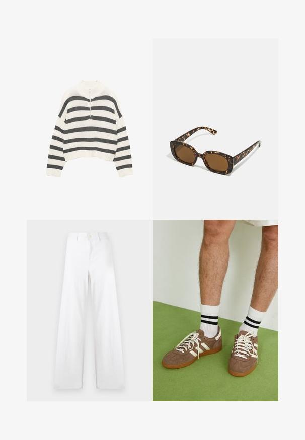 Pulover scurt cu dungi albe și gri, având un gât înalt și un fermoar frontal. Material texturat, tricotat, cu tiv ondulat.; Pantaloni albi, cu croi larg, din bumbac, având închidere cu buton și linii curate. Materialul are o textură moale cu un finisaj neted.; Adidași maro din suede cu accente și șireturi albe. Talpă din cauciuc de culoare caramel. Purtați cu șosete albe cu dungi negre. Pardoseală verde texturată.; Ochelari de soare cu chelă de broască țestoasă, având un cadru rotund și voluminos, cu lentile maro. Prezintă modele subtile și brațe drepte, conice.; Zign LEATHER - Geantă de pânză - light brown