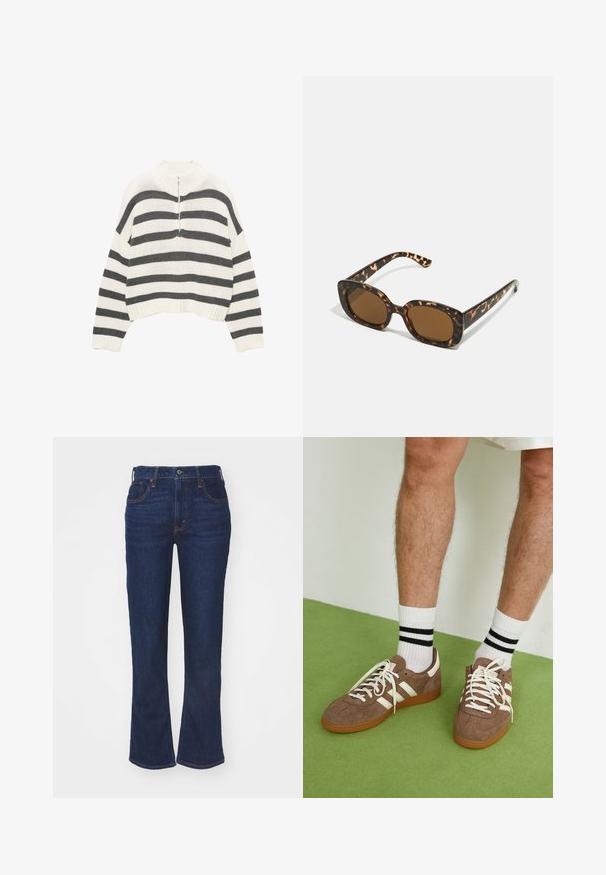 Maglione cropped a righe bianche e grigie, con collo alto e zip frontale. Tessuto lavorato a maglia con orlo a coste.; Jeans a zampa d'elefante in denim blu scuro con vita alta, design a cinque tasche, cuciture a contrasto e chiusura con bottone. Texture liscia.; Sneaker in suede marrone con dettagli e lacci bianchi. Suola in gomma color gomma. Indossati con calzini bianchi con righe nere. Pavimento verde texturizzato.; Occhiali da sole in tartaruga con una montatura rotonda e voluminosa e lenti marroni. Presentano delicati motivi e bracci dritti e affusolati.; Zign LEATHER - Shopping bag - light brown