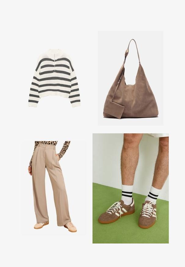 Pull court à rayures blanches et grises, avec un col haut et une fermeture éclair à l'avant. Tissu tricoté texturé avec un ourlet côtelé.; Pantalons beige à jambes larges, devant plissé, taille haute, poches latérales, associés à des baskets de couleur claire. Le tissu semble lisse et structuré.; Baskets en daim marron avec des accents et des lacets blancs. Semelle en caoutchouc gomme. Portées avec des chaussettes blanches à rayures noires. Sol texturé vert.; Zign LEATHER - Cabas - light brown