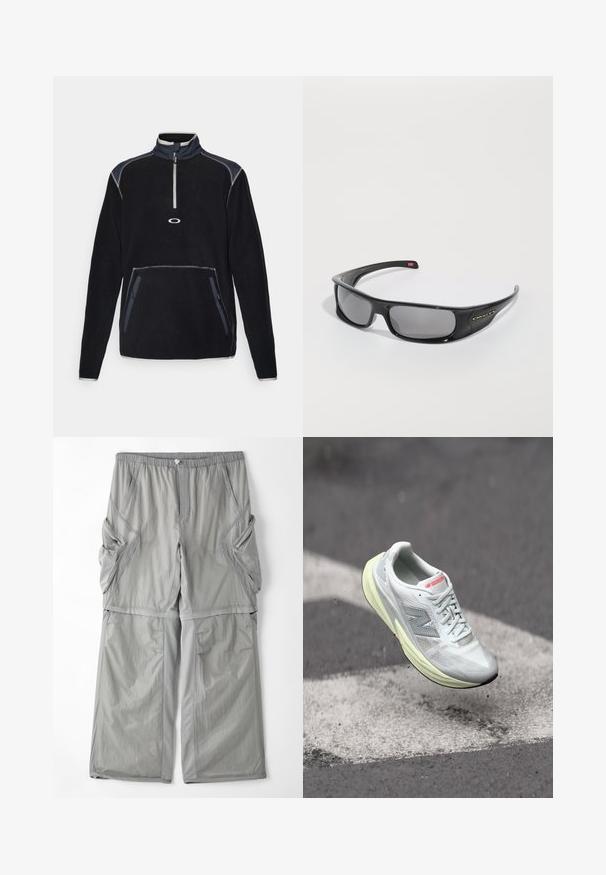 Fleece-pullov i svart med hög krage, halvdragkedja fram, två sidofickor och kontrastsömmar i grå och marinblå accenter.; Ljust grå, andningsbar tygbyxa med elastisk midja, sidofickor och kontrasterande grå kant längs sömmarna. Löst sittande design.; Lättvikts löparskor med ovandel av vit mesh, gul mellansula och grå detaljer. Har en framträdande ‘N’ logotyp och texturerad yta.; Svarta Oakley-wraparound-solglasögon med mörka rektangulära linser och böjda armar på en helt vit bakgrund.