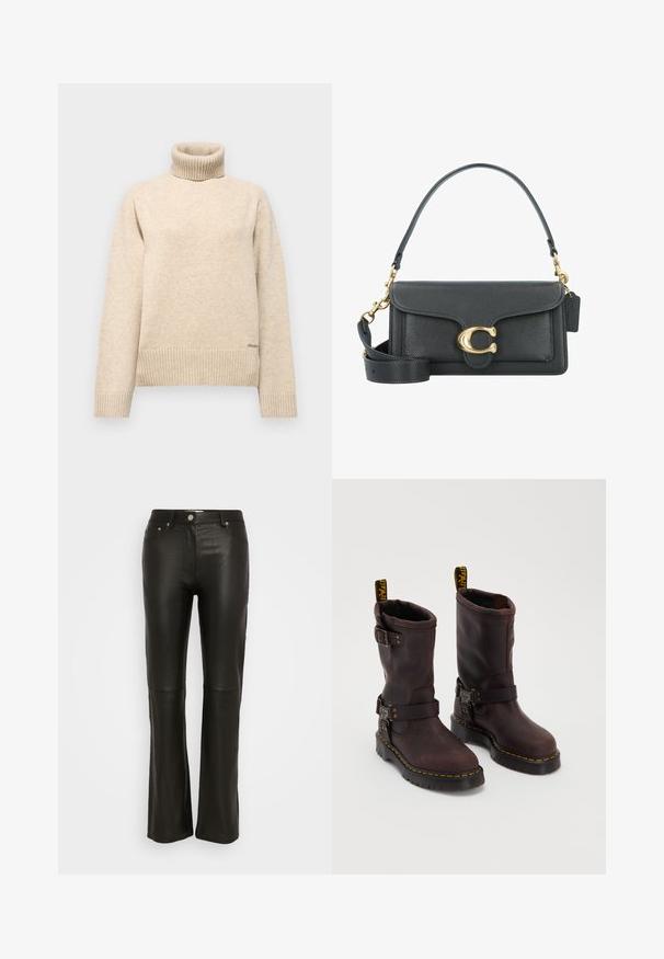 Beiger Rollkragenpullover aus weichem Strickstoff. Mit gerippten Bündchen und Saum, sowie einem dezenten Markenlogo auf der linken unteren Seite.; Schwarze Kunstlederhose mit ausgestelltem Design, mit Knopfverschluss, Gürtelschlaufen und zwei vorderen Taschen. Glatte Textur und schmaler Schnitt.; Braune Lederstiefel mit einem Design bis zur Mitte des Wadens, ausgestattet mit einem Riemen und einer Schnalle, einer dicken schwarzen Sohle und gelben Nähakzenten.; Schwarze Lederhandtasche mit goldenen Hardware-Akzenten, ausgestattet mit einem charakteristischen Verschluss, einem abnehmbaren Schultergurt und einer strukturierten Oberfläche.