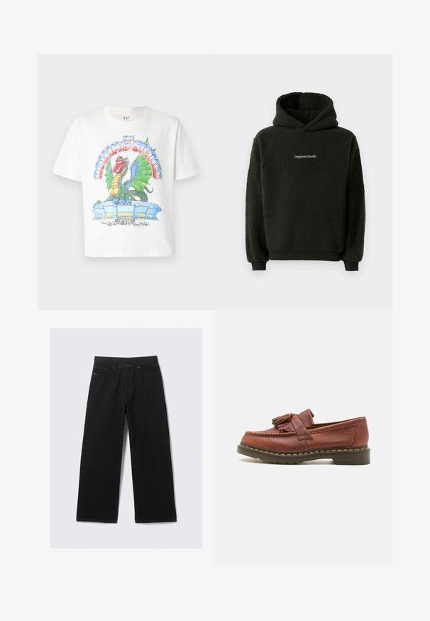 Must mustraama kapuutsiga must fliisijope, millel on tekstureeritud viimistlus, ees kangaroo-tasku ja rinnal logo. Kapuutsiga disain elastsete mansettidega.; Valge puuvillane T-särk, millel on värviline graafiline print draakoni ja staadioni motiiviga, koos "The Rolling Stones" tekstiga paksus, stiliseeritud kirjas.; Mustad mustad püksid, mis on valmistatud denimist, klassikalise viie tasku kujundusega ja struktureeritud vöökohaga, kus on vööaasad.; Pruunist nahast mokassiind, millel on pompooni aksessuaarid, tekstureeritud pind ja kontrastne kollane õmblus musta kummitald alusel. Küljepilt.