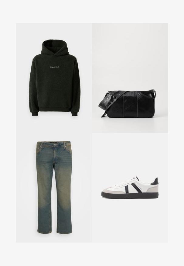 Felpa nera in pile con finitura testurizzata, dotata di una tasca a marsupio frontale e un logo sul petto. Design con cappuccio e polsini elasticizzati.; Jeans in denim di un blu sbiadito, con una vestibilità a gamba dritta, chiusura con bottone in ottone, cinque tasche e dettagli di sbiaditura leggera.; Sneaker bianco con accenti neri e grigi, dotata di una punta grigia testurizzata, suola in gomma nera e lacci bianchi piatti. Design pulito, stile minimalista.; Borsa a spalla in pelle nera con chiusura a zip, caratterizzata da un corpo testurizzato, cuciture bianche e una tracolla con occhielli in argento.