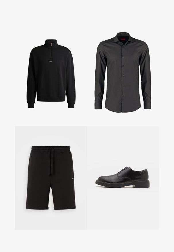Zwarte sweatshirt met een hoge kraag, voorkant met rits en subtiele logo. Gemaakt van zacht materiaal, met ribgebreide manchetten en onderrand.; Zwarte langefris shirt met een slim fit, gemaakt van zacht materiaal. Voorzien van een puntige kraag en zes knopen aan de voorkant.; Zwarte katoenen shorts met een elastische tailleband en drawstring. Voorzien van zijzakken en een klein logo aan de voorkant. Glad textuur.; Zwarte leren veterschoen met een ronde neus, een gladde textuur, minimale stiksels en een lage rubberen hak. Logo op de hak.