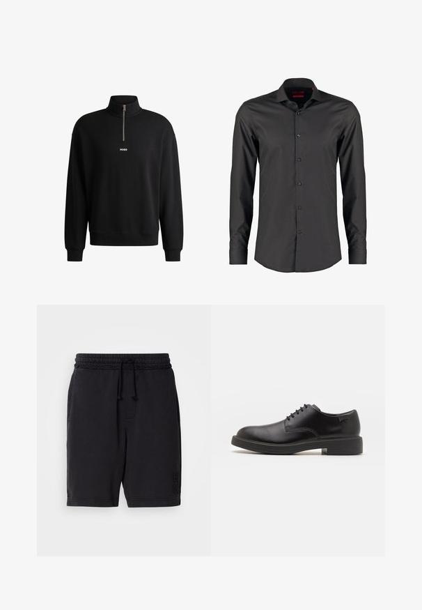 Schwarzer Pullover mit hohem Kragen, Frontreißverschluss und dezentem Logo. Aus weichem Stoff gefertigt, mit gerippten Bündchen und Saum.; Schwarzes Langarmshirt mit slim fit, aus glattem Stoff. Verfügt über einen spitzen Kragen und sechs Knöpfe an der Vorderseite.; Schwarze Baumwollshorts mit elastischem Bund und Kordelzug. Verfügt über seitliche Taschen und dezente, eingebettete Markenkennzeichnung am unteren linken Bein.; Schwarzer Leder-Schnürschuh mit abgerundetem Zeh, glatter Textur, minimaler Naht und niedrigem Gummiabsatz. Logo auf der Ferse.