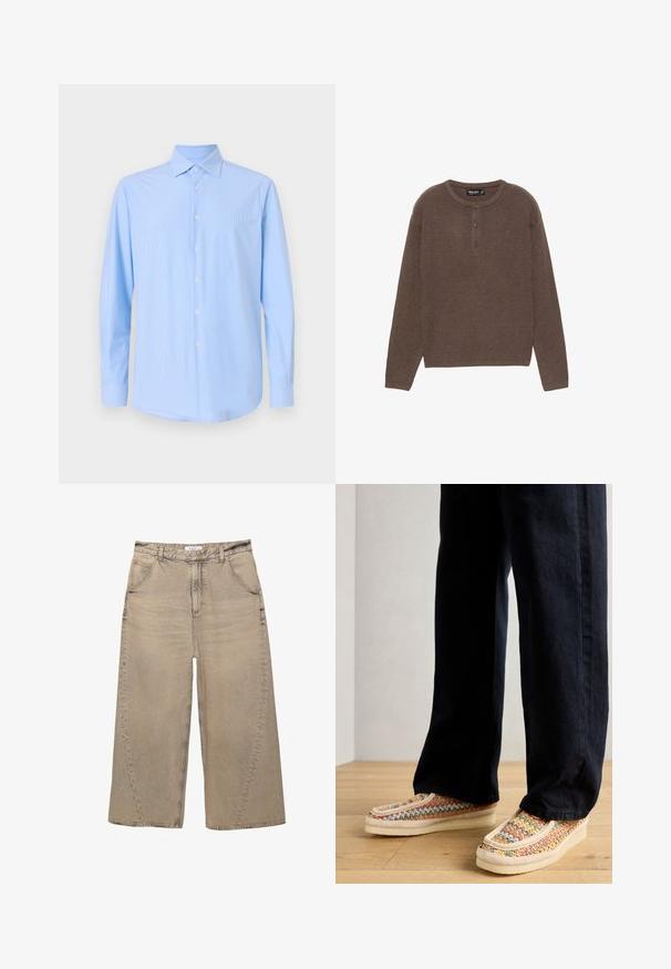 Brązowy prążkowany długi rękaw top z okrągłym dekoltem i zapięciem na trzy guziki. Posiada prosty krój i miękką teksturę.; Jasnoniebieska koszula z długim rękawem, z pionowymi paskami, z kołnierzykiem w szpic i białymi guzikami, wykonana z gładkiego, tkanej tkaniny.; PULL&BEAR - Jeansy baggy; Wielokolorowe, plecione buty wsuwane z kremową podeszwą, podkreślone teksturowaną taśmą i kontrastującym przeszyciem, w zestawieniu z ciemnymi spodniami.