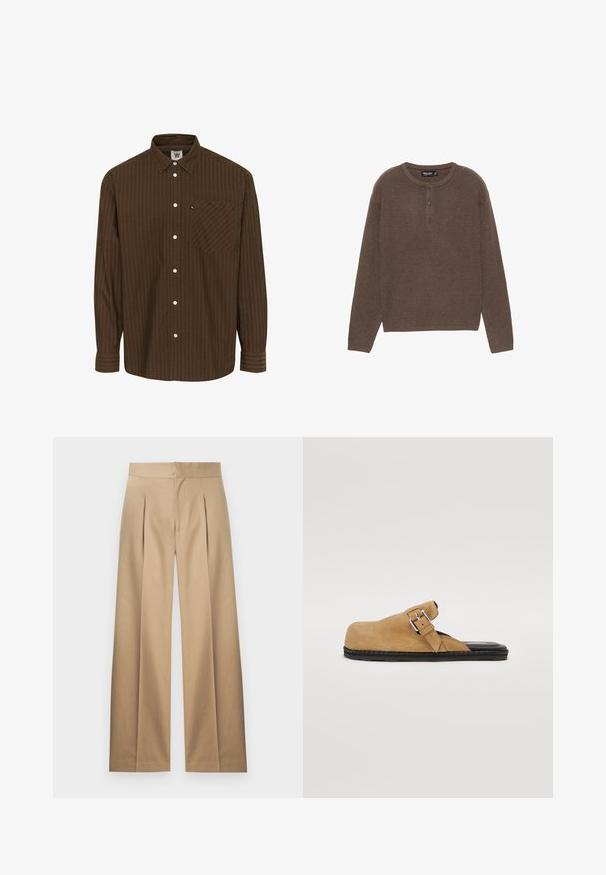 Brązowy prążkowany długi rękaw top z okrągłym dekoltem i zapięciem na trzy guziki. Posiada prosty krój i miękką teksturę.; Brązowa w paski koszula zapinana na guziki z kołnierzykiem, długimi rękawami i kieszenią na piersi; posiada białe guziki i teksturowany materiał.; Beżowe spodnie typu wide-leg z plisowanym przodem, dopasowanym krojem i gładkiej bawełnianej tkaninie. Posiadają płaski pas i brak widocznych zapięć.; Brązowe zamszowe buty wsuwane z czarną płaską podeszwą, z regulowanym paskiem na klamrze i gładkim wykończeniem wnętrza.