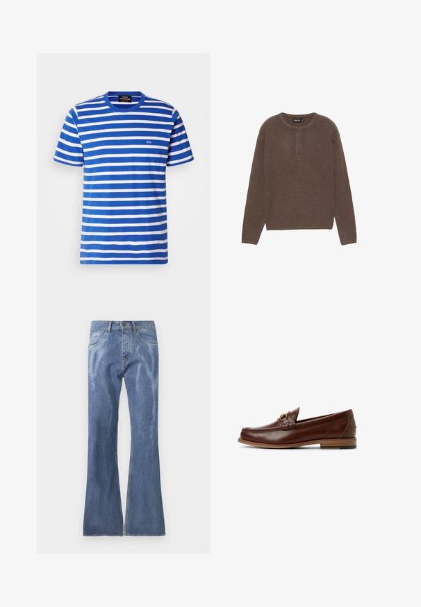 Hnědý žebrovaný pletený top s dlouhým rukávem a kulatým výstřihem, se zapínáním na tři knoflíky. Má rovný střih a měkkou strukturu.; Pruhované tričko v modré a bílé barvě, vyrobené z bavlny. Má kulatý výstřih a malou nášivku "MN" na hrudi, krátké rukávy.; Světle modré zvonové džíny s polovinou pasu, designem s pěti kapsami a viditelnými švy. Hladká textura s mírným vyblednutím.; Hnědé kožené mokasíny s tkaným detailem a zlatým akcentem. Plochý dřevěný podpatek s černým gumovým gripem. Hladká textura, klasický design.