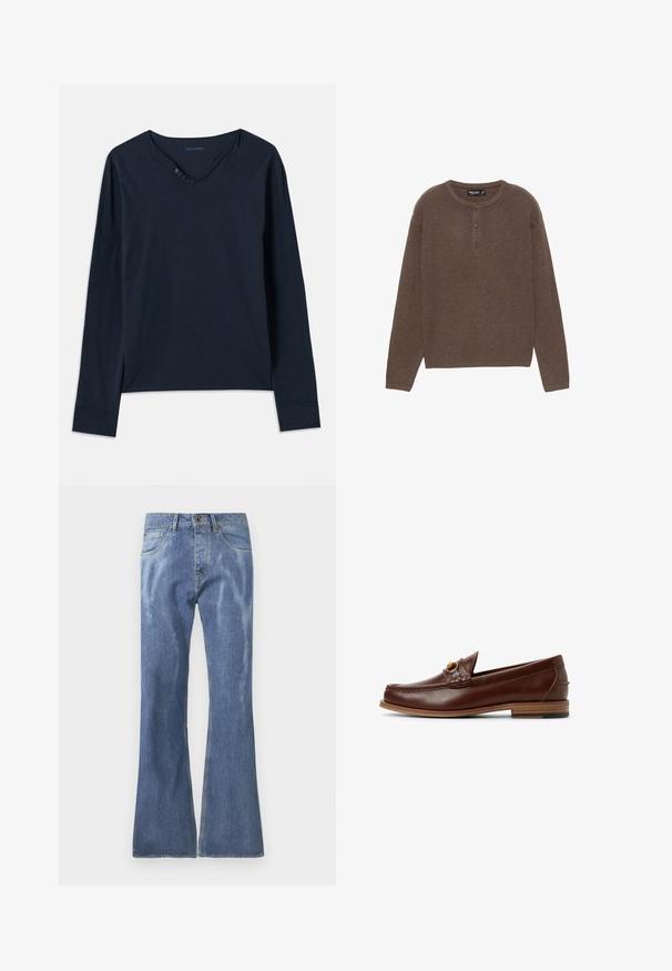 Bruine geribbelde gebreide top met lange mouwen, ronde hals en een drieknoopsluiting. Heeft een rechte snit en een zachte textuur.; Langsleeve, marineblauw T-shirt van zacht katoen. Beschikt over een V-hals met vijf knopen en subtiele zijsplitten aan de onderrand.; Lichtblauwe denim flare-jeans met een middelhoge taille, vijf zakken en zichtbare stikseldetails. Soepele textuur met lichte vervaging.; Bruine leren instappers met een gevlochten detail en een gouden accent. Platte houten hiel met een zwarte rubberen grip. Gladde textuur, klassiek ontwerp.