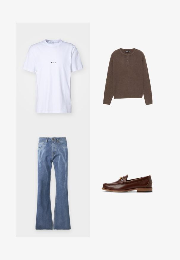 Maglietta a maniche lunghe a coste marrone con scollatura rotonda e patta a tre bottoni. Presenta una linea dritta e una texture morbida.; T-shirt bianco in cotone con scollatura rotonda, maniche corte e un piccolo logo nero "MSGM" stampato sul davanti. Texture liscia.; Jeans flare in denim azzurro chiaro con vita media, design a cinque tasche e dettagli di cucitura visibili. Texture liscia con lieve sbiadimento.; Mocassini in pelle marrone con dettaglio intrecciato e accento dorato. Tacco piatto in legno con grip in gomma nera. Texture liscia, design classico.