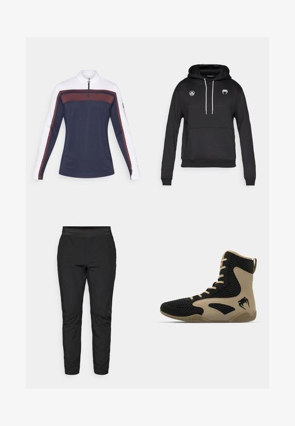 Črni pulover s kapuco z žepom kenguru, belimi vrvicami in dvema logotipoma na prsih. Iz mehkega, teksturiranega materiala.; Polo majica s dolgimi rokavi v temno modri barvi z belimi rokavi, z zadrgo na ovratniku in maroonskimi akcentnimi črtami ob prsih in rokavih.; Črne elastične hlače s prilegajočim dizajnom, elastičnim pasom in žepi na zadrgo. Gladka struktura z rahlo sijajnim zaključkom.; Športni čevlji z visokim zgornjim delom z črnim mrežastim zunanjim materialom in bež poudarki. Teksturiran gumijast podplat in podrobnost logotipa na strani.