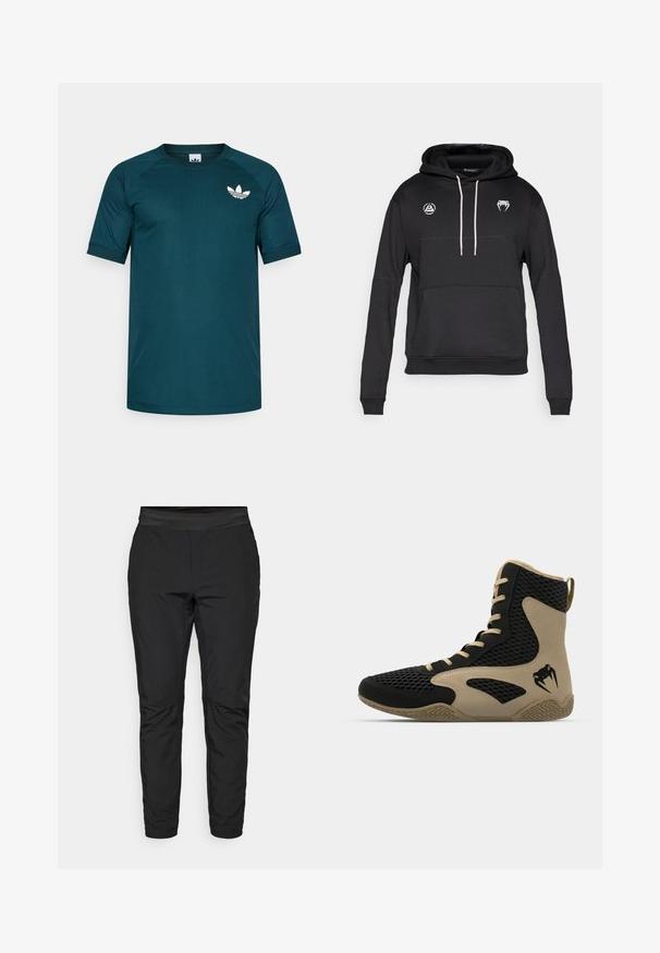 Czarna bluza z kapturem z kieszenią kangurką, białymi sznurkami i dwoma logo na klatce piersiowej. Wykonana z miękkiego, teksturowanego materiału.; Ciemnoniebieska koszulka sportowa z krótkimi rękawami raglanowymi. Posiada białe logo Adidas na górnej lewej stronie klatki piersiowej. Gładki, lekki materiał.; Czarne legginsy o dopasowanym kroju, z elastycznym pasem i kieszeniami na zamek. Gładka tekstura o lekko błyszczącym wykończeniu.; Wysokie buty sportowe z czarną siateczkową powierzchnią i beżowymi akcentami. Teksturowana gumowa podeszwa i detal logo po boku.