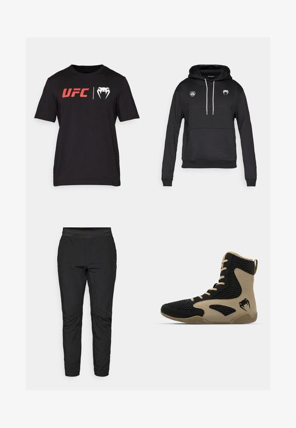Black pullover hoodie with a kangaroo pocket, white drawstrings, and two logos on the chest. Made from soft, textured fabric.; Black cotton t-shirt with short sleeves. Features red "UFC" logo and white snake graphic on the front. Crew neckline, smooth texture.; Black stretch pants with a fitted design, elastic waistband, and zippered pockets. Smooth texture with a slightly shiny finish.; High-top athletic shoe featuring a black mesh exterior with beige accents. Textured rubber sole and logo detail on the side.