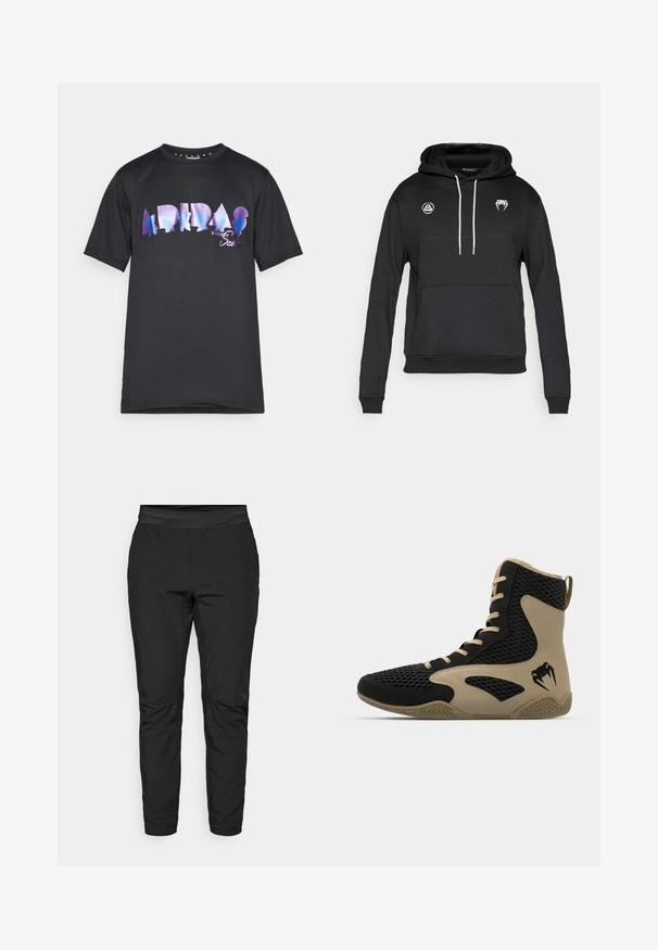 Sweatshirt preta com capuz, bolso canguru, cordões brancos e dois logotipos no peito. Feita de tecido macio e texturizado.; T-shirt preta com uma grande estampa gráfica multicolorida com o texto "ADIDAS" e silhuetas. Com mangas curtas e design de decote redondo.; Calças de stretchy pretas com um design ajustado, cintura elástica e bolsos com zip. Textura suave com um acabamento ligeiramente brilhante.; Sapatilha desportiva de cano alto com um exterior em malha preta e detalhes em bege. Sola de borracha texturada e detalhe do logótipo na lateral.