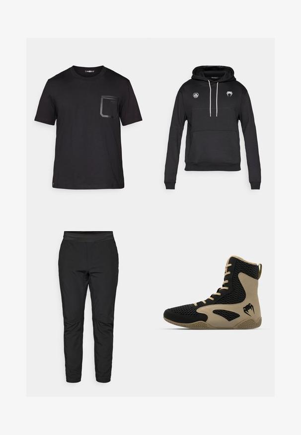 Crna pulover majica s kapuljačom s kangaroo džepom, bijelim korsetama i dva logotipa na prsima. Izrađena od mekog, teksturiranog materijala.; Crna majica kratkih rukava napravljena od pamuka s suptilnom teksturom. Ima prednju džep s pravokutnim dizajnom i detaljem s logom.; Crne tajice s prilagodljivim dizajnom, elastičnom strukom i džepovima na patentni zatvarač. Glide tekstura s blago sjajnim završetkom.; Kožne visoke atletske tenisice s vanjskom mrežicom u crnoj boji i bež naglascima. Teksturirana gumena potplat i detalj s logotipom sa strane.